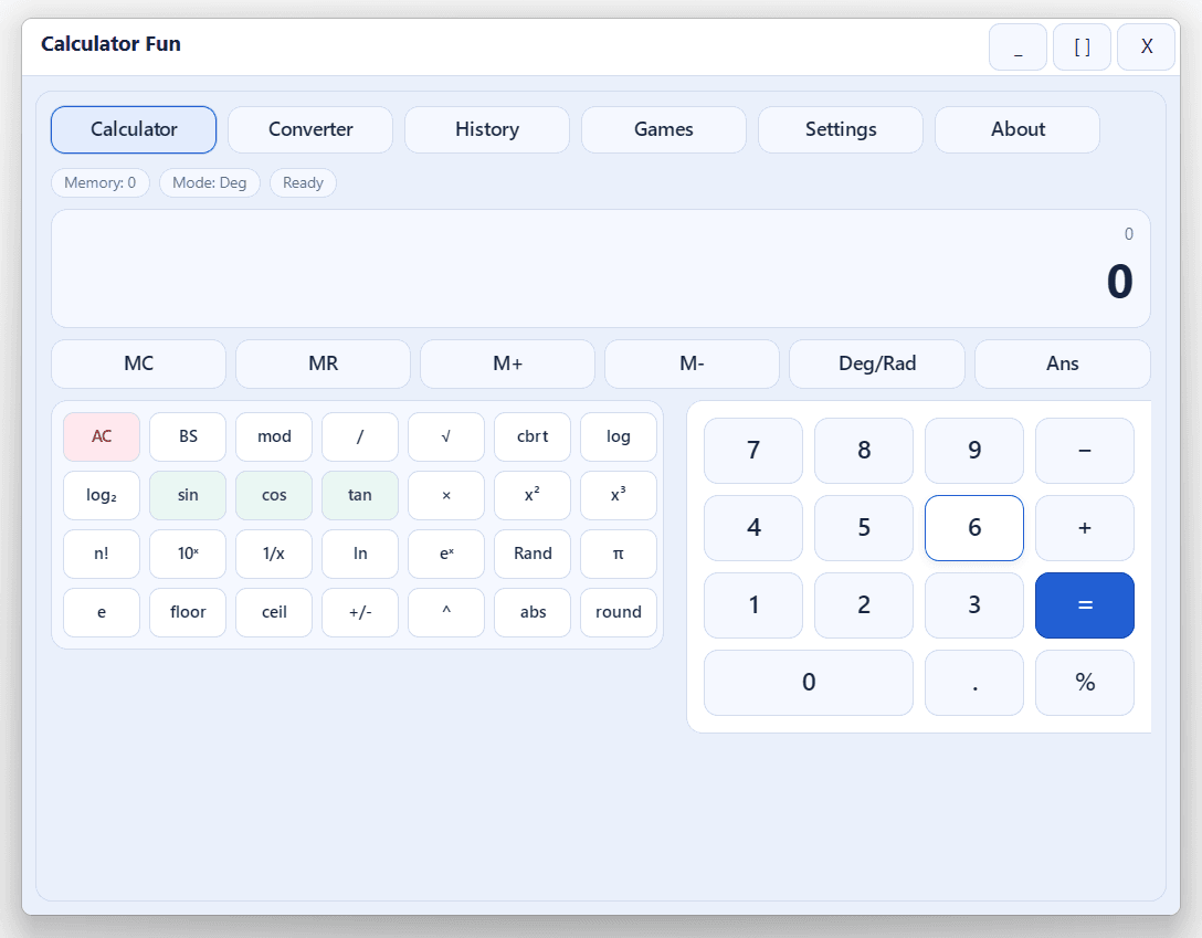 Calculator Fun Windows app screenshot showing scientific calculator, unit converter, and mini games