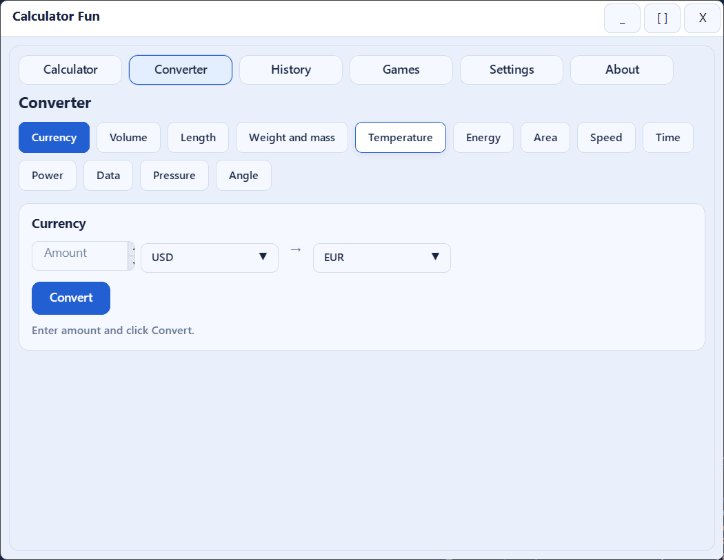 Calculator Fun Windows app screenshot showing scientific calculator, unit converter, and mini games — extra screenshot 2