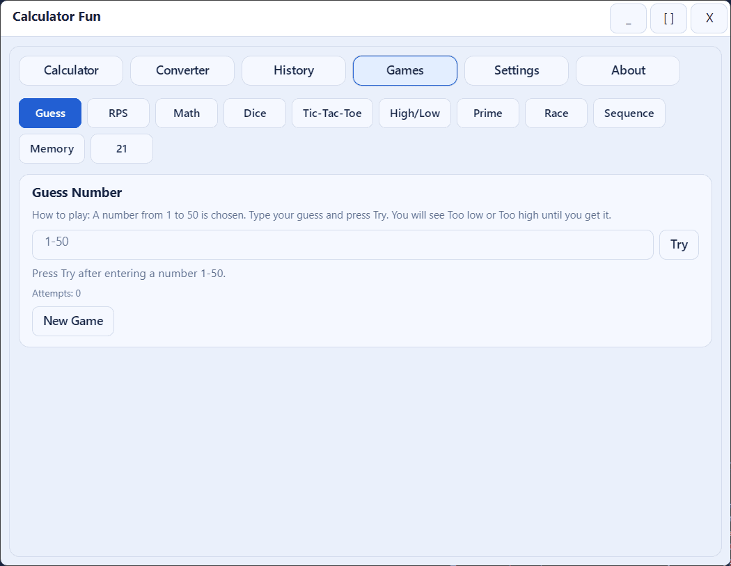 Calculator Fun Windows app screenshot showing scientific calculator, unit converter, and mini games — extra screenshot 3