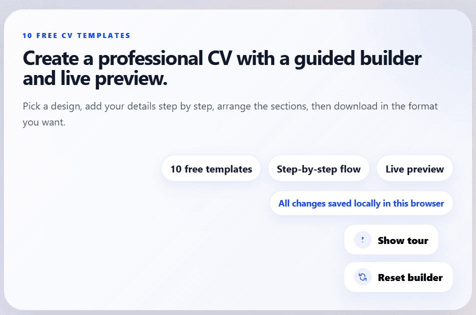 CVMaker browser resume builder screenshot showing template choice and live CV preview