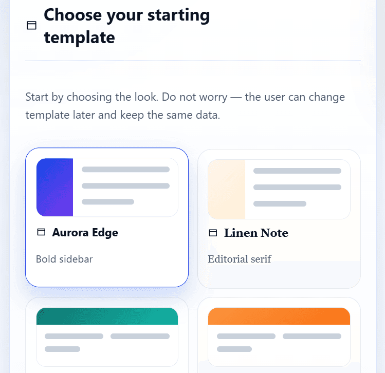 CVMaker browser resume builder screenshot showing template choice and live CV preview — extra screenshot 2